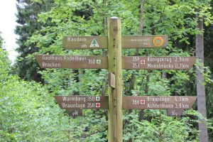 Wegweiser im Wald auf dem Weg vom Wurmberg nach Braunlage